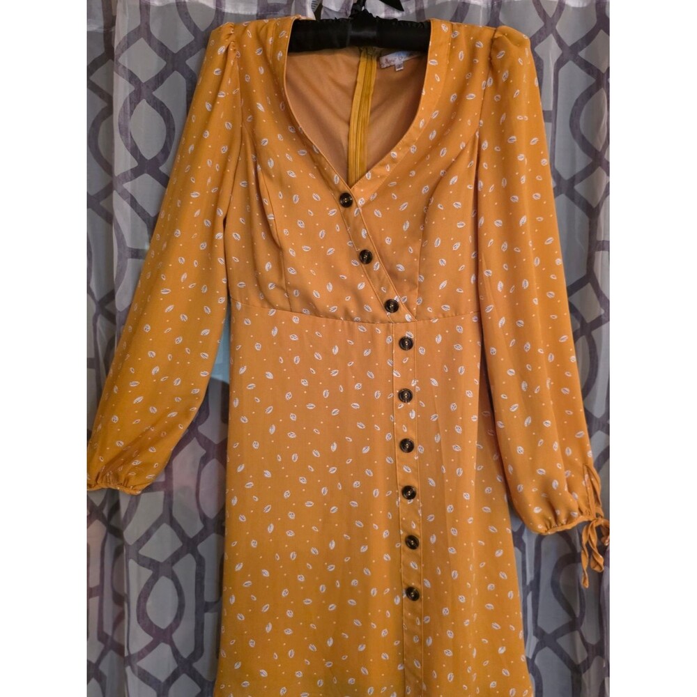Long Sleeve Mustard Yellow Button-Front Midi Dress S